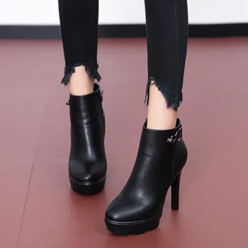 

Fine heel waterproof platform winter short boots female 2019 new Martin boots autumn super high with round head side zipper