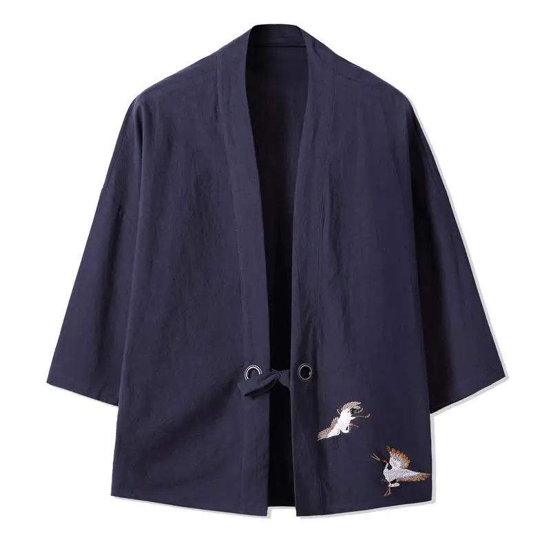 Летняя мужская Солнцезащитная винтажная кимоно с вышивкой верхняя одежда Национальный кардиган рубашка хлопковая юката Haori Классическая Косплей блузка - Цвет: Navy Blue