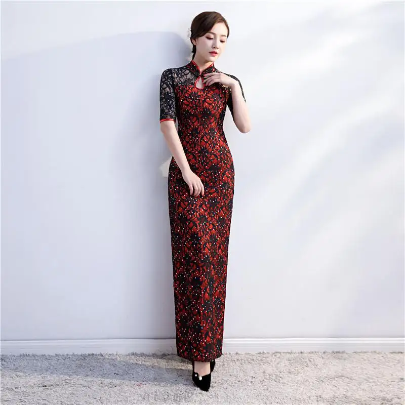 Элегантное женское тонкое платье Cheongsam с блестками, сексуальное вечернее платье, винтажное кружевное платье для сцены, китайский стиль, банкетное платье Qipao 3XL - Цвет: Style H
