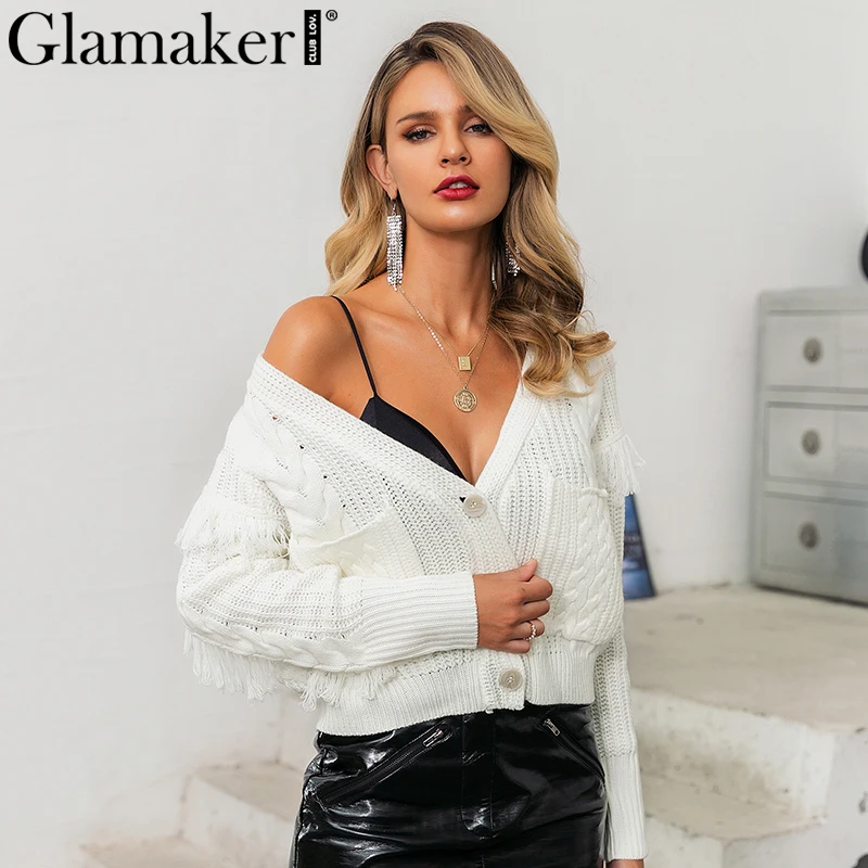 Glamaker, белый теплый свитер с кисточками, Женский вязаный кардиган с v-образным вырезом и длинным рукавом, уличная одежда, вязаный короткий свитер, женская верхняя одежда