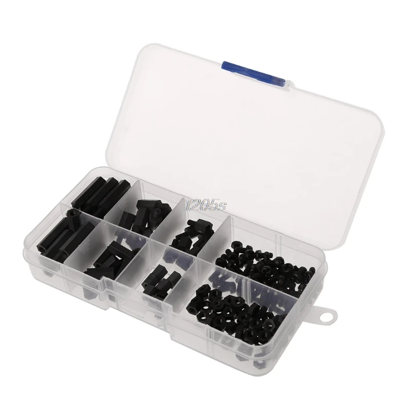 

160Pcs M3 Nylon Black M-F Hex Spacers Screw Nut Assortment Kit Stand off Set Box T25 Drop ship