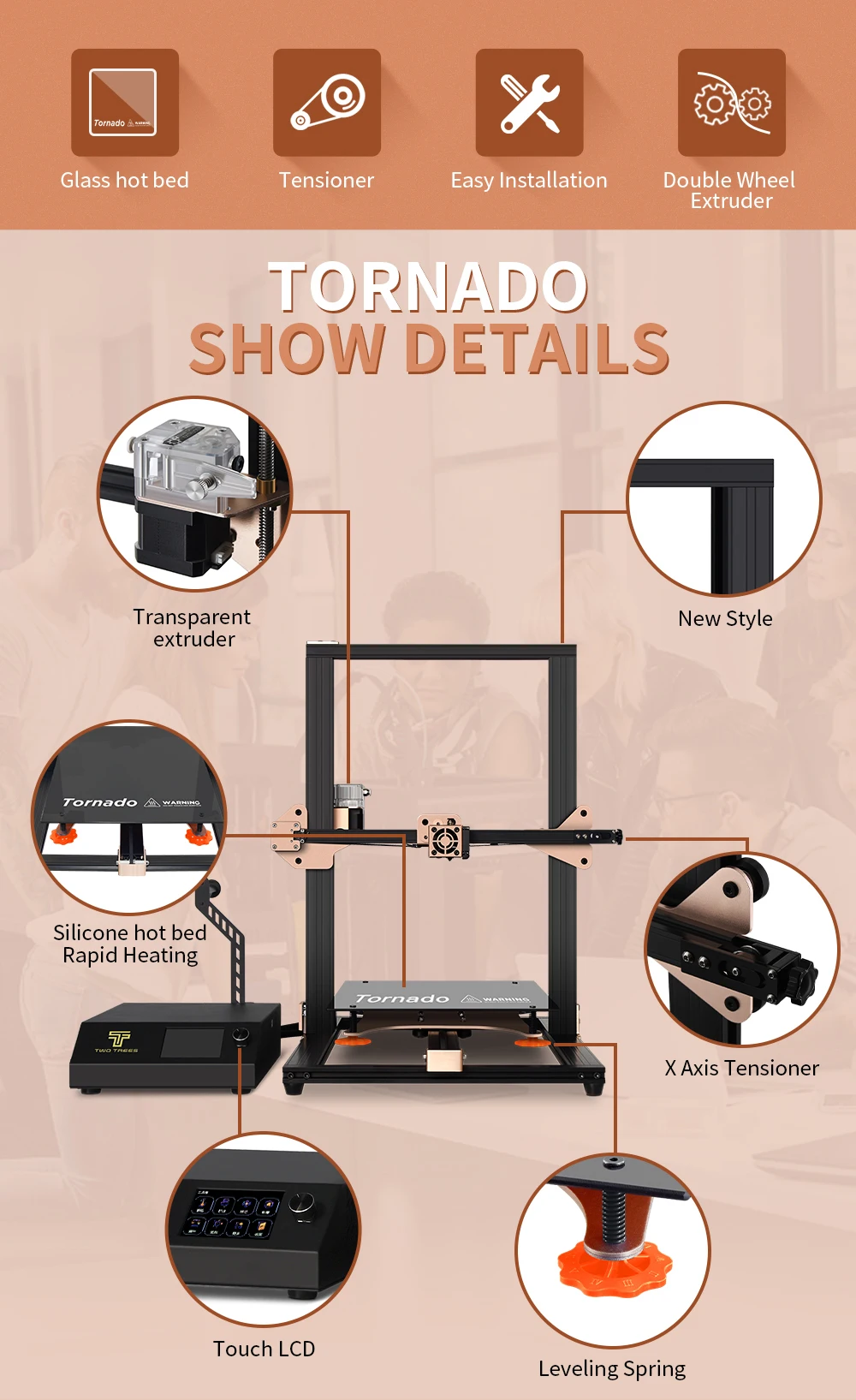 latest 3d printer Twotrees/Tevo 3D Printer Tornado V2 3D Printer Kit Dual Drive Extruder 300*300*400mm Large Printing Size Glass Hotbed TFT Screen ultimaker 3d printer