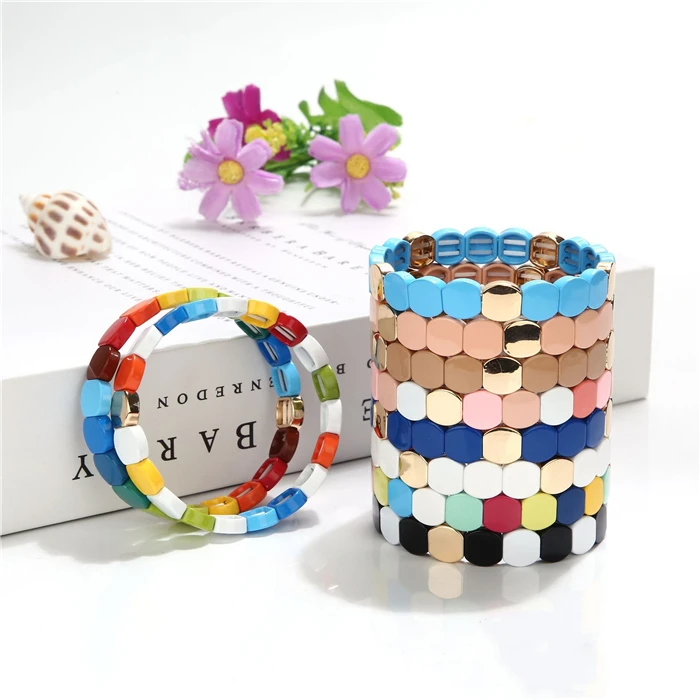 

Fashion Jewelry Rainbow Tile Bracelet Enamel Stretch Bracelets Friendship Bracelet For Women Gifts Charm Jewelry