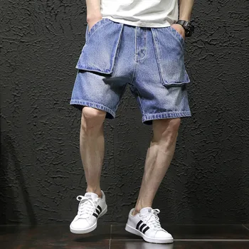 

Summer Denim Shorts Men Japanese Streetwear Light Washed Mens Short with Many Big Pockets Knee Length Wide Leg Cargo Short Men