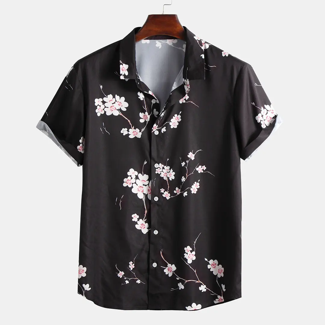 

Hawaiian Shirt Print Tropical Plant Leaf Men Clothing 2018 Black Vintage Shirts Casual Turn-down Collar Fashion 2019 Korean
