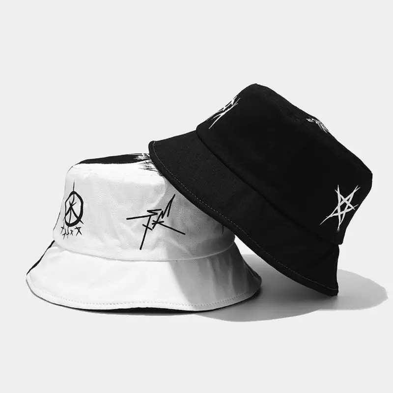 Unisex Black White Color Block Bucket Hat Star Eye Graffiti Print Fisherman Cap