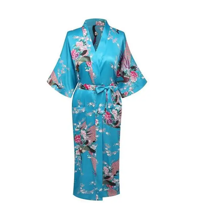 Изысканный принт Павлин, цветок женский свадебный халат кимоно платье повседневное Половина рукава банное платье пижамы летняя длинная домашняя одежда - Цвет: Lake Blue