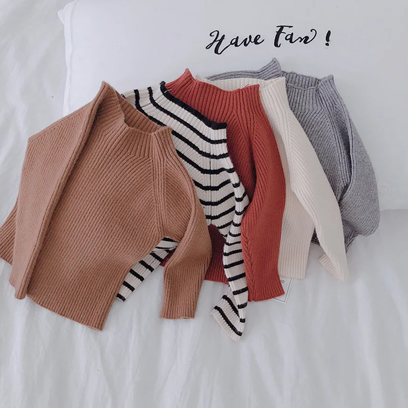 

High Quality Autumn Girls Pits Knitted Sweater Little Kids Simple Temperament Soft stretchy Bottoming Shirt Pullover RT626