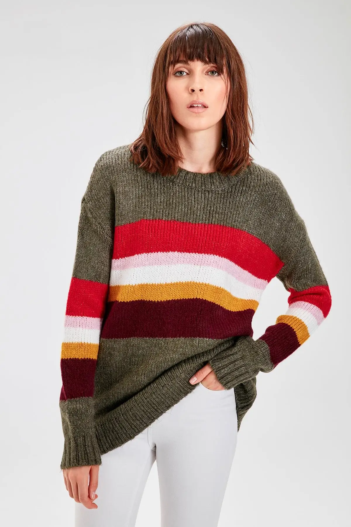 

Trendyol Haki With Color Block Sweater Pullover TWOAW20FH0031