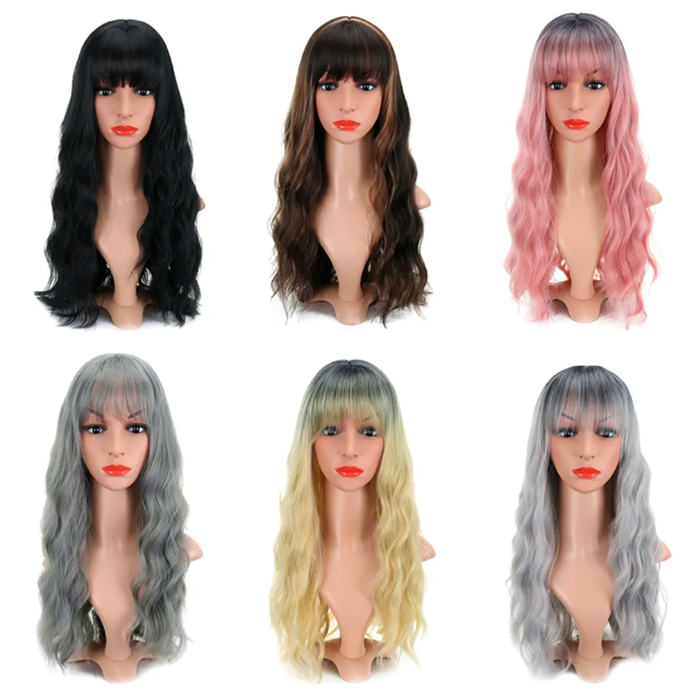

Long Wavy Wig With Bangs Ombre Mix Color Curly Synthetic Heat Resistant Nature Body Wave Colorful Costume Cosplay Wigs 22 Inch