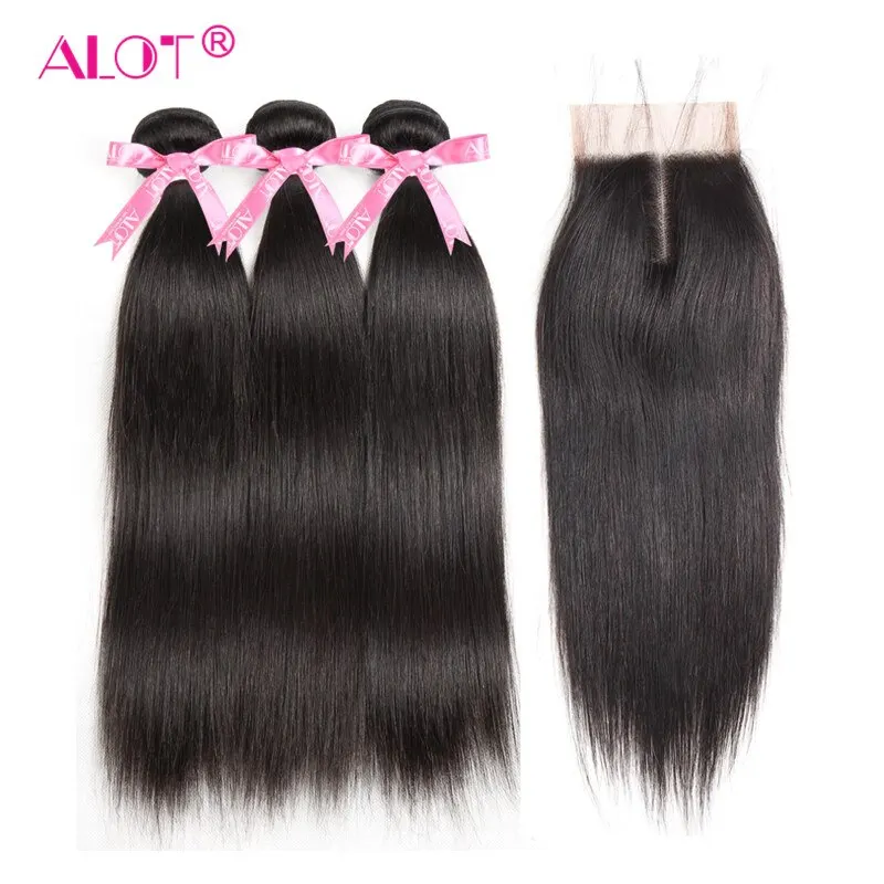 

Brazilian Straight 3 Bundles With Lace Closure Natural Color Human Hair Weave Bundles With 5x5x1 Lace Part Closure Baby Hair