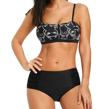38 # женские купальники, Женская Новая мода, с рисунком кота, бикини, на косточках, купальник, сексуальный, средняя талия, набор(China)