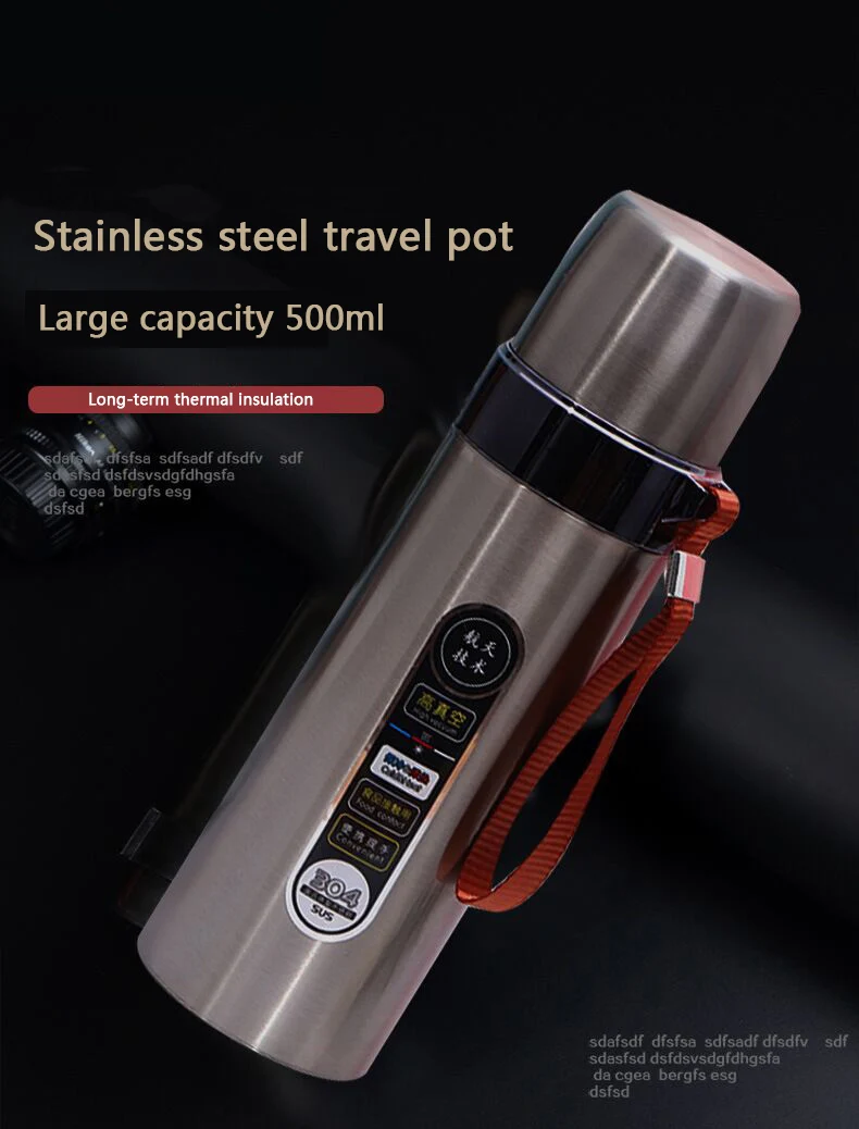 1pcs Large capacity 304 Stainless steel Heat preservation kettle 500ml Outdoor sports Travel Water cup Car portable vacuum flask