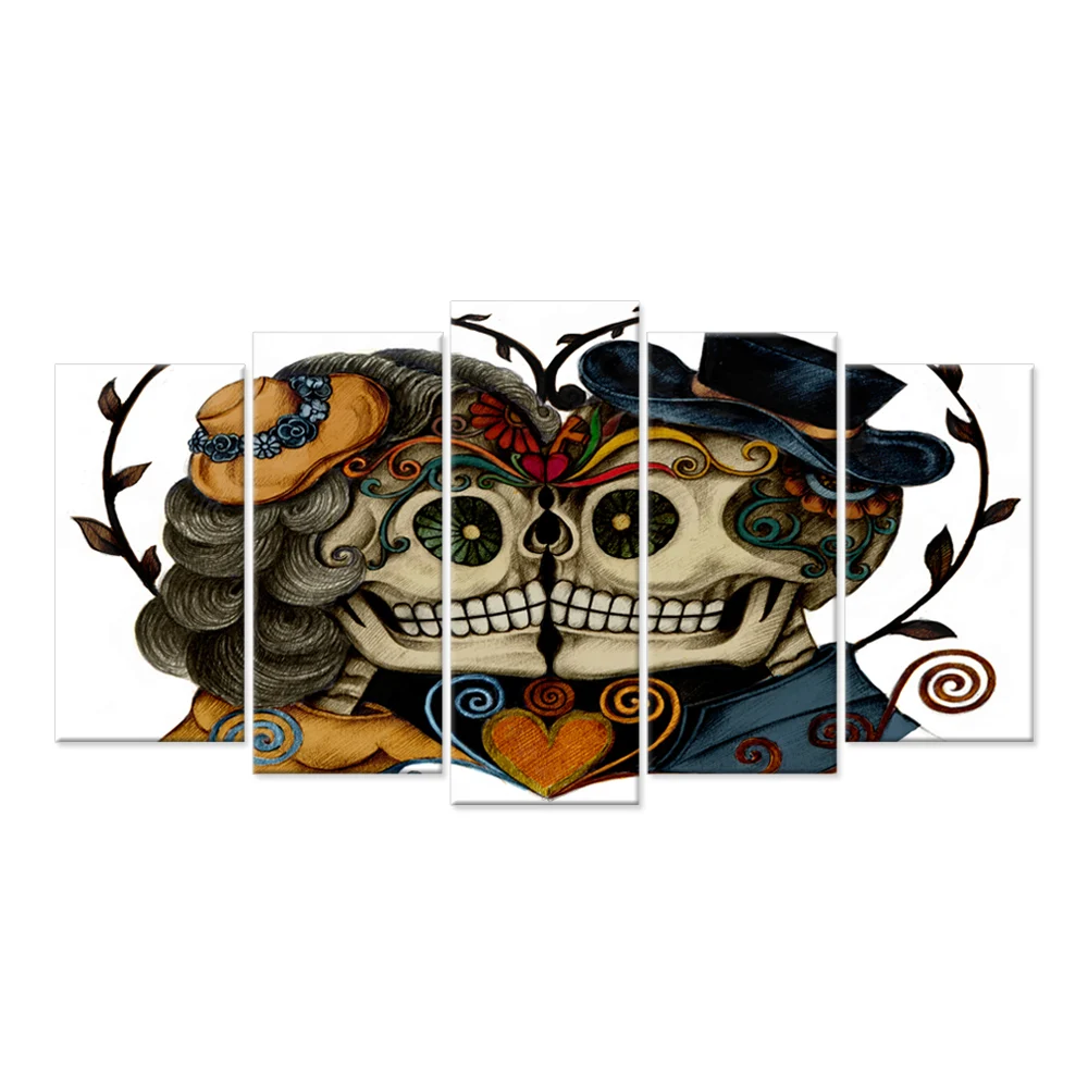 Large 5 Pieces Canvas Wall Art Vintage Skull Head Couple Love with Flower in Eyes Colorful Tattoo Artwork For Bedroom Home | Дом и сад