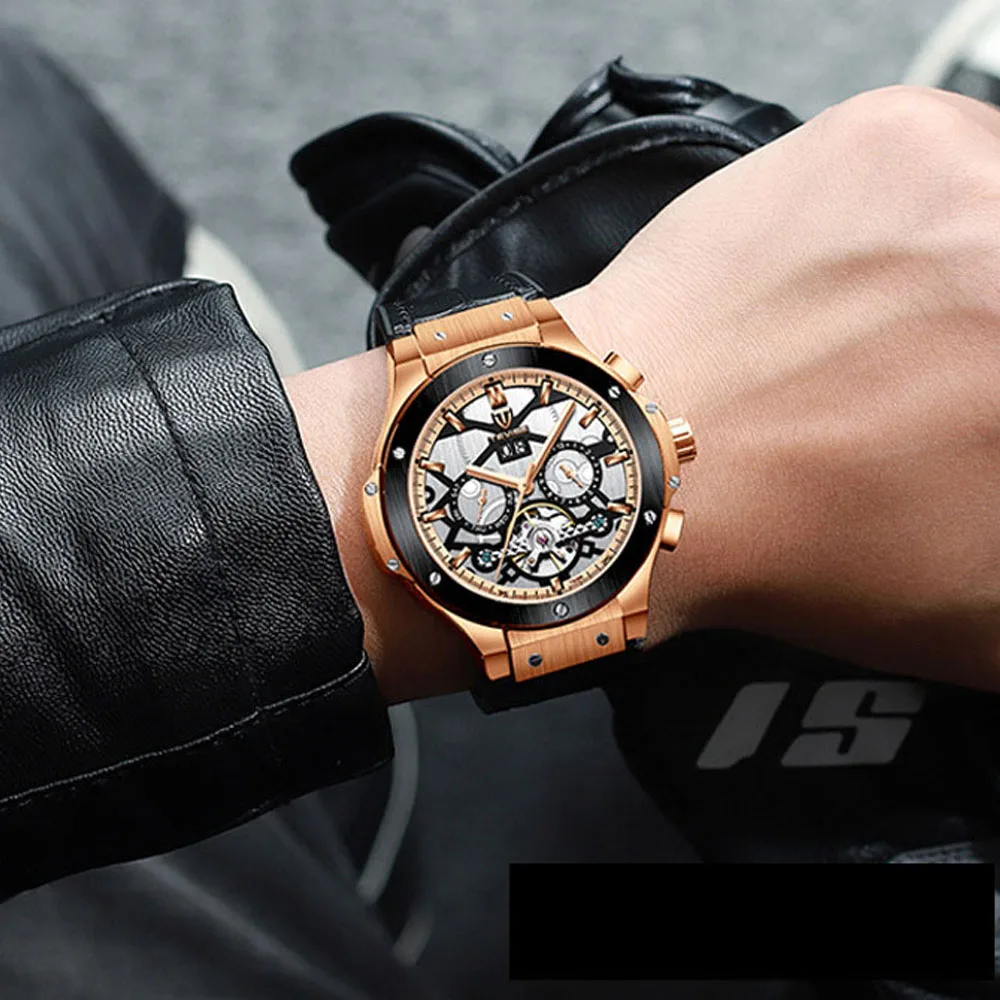 Модные TEVISE automatic Tourbillon Мужские механические часы Топ календарь бренда Кожаный Ремень Роскошные водонепроницаемые наручные часы с турбийоном