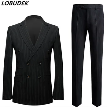 

Black Stripe Wedding Suits Double-breasted Slim Fit Tuxedo Stage Costume Business Suit Banquet Evening Party Singer Host 2 Piece