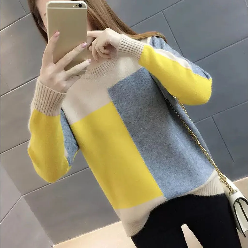 Jersey mujer invierno, женский свитер, Модный Цветной пуловер в стиле пэчворк, зимний теплый свитер с круглым вырезом и длинными рукавами, вязаный Топ, ropa mujer