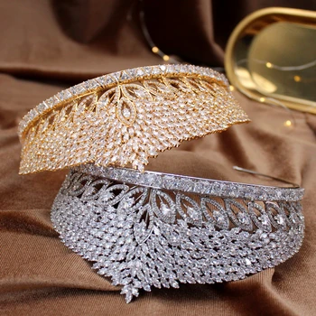 

European Gold Crown Zircon Wedding With Pearl Princess Headband Crown Large Luxury Jewelry Queen Bridal Wedding Tiara Accessory