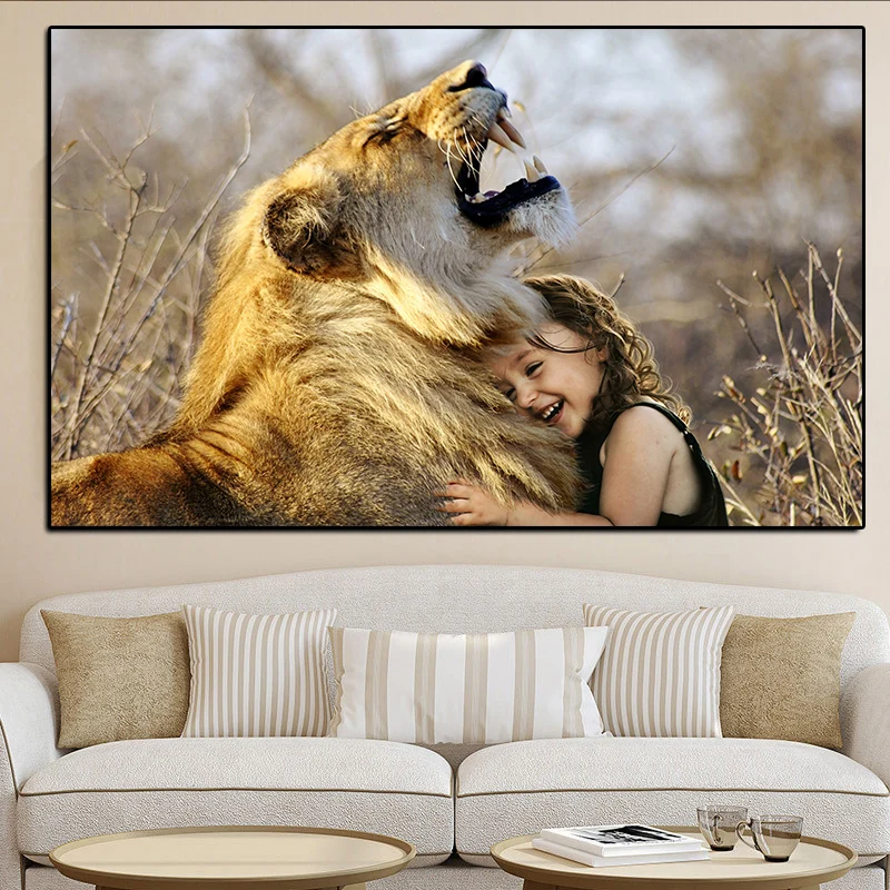 Africa Lion and Little Girl Обнимание диких животных картина маслом на холсте постеры принты