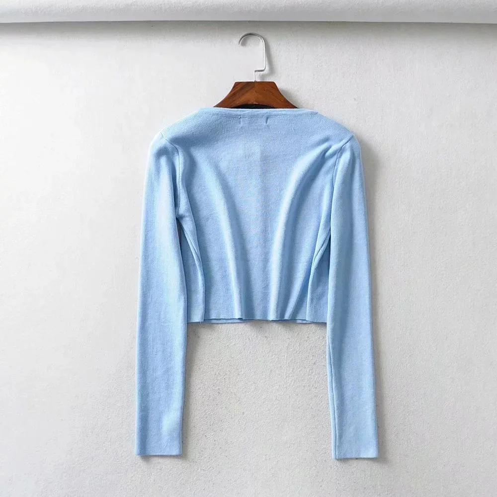 Осень, модные женские базовые кардиганы с длинным рукавом, вязаные свитера, обрезанный топ в Корейском стиле, винтажные однотонные тонкие кардиганы