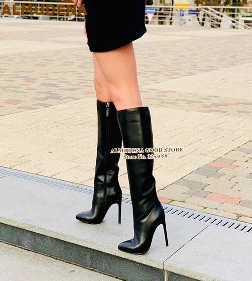 ALMUDENA сапоги до колена на тонком высоком каблуке высокие сапоги из матовой кожи черного, молочного и белого цвета облегающие женские осенне-зимние высокие сапоги, размер E46