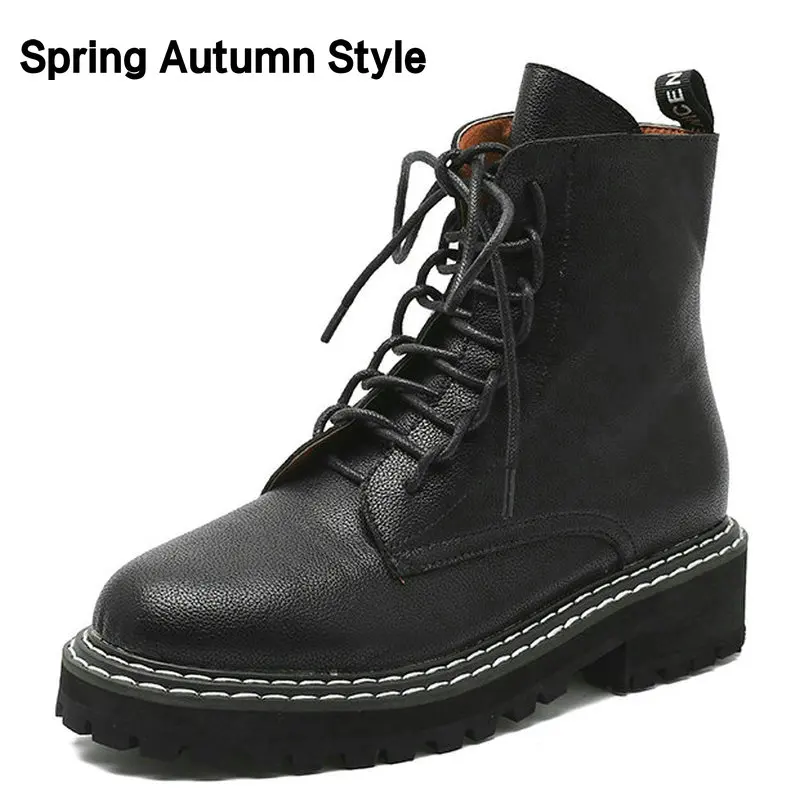 Black Spring Autumn HTUUA/теплые плюшевые зимние ботинки; женские короткие ботильоны на шнуровке в клетку; женские осенние ботинки на массивной платформе; женская обувь; SX3438 - Цвет: Black Spring Autumn