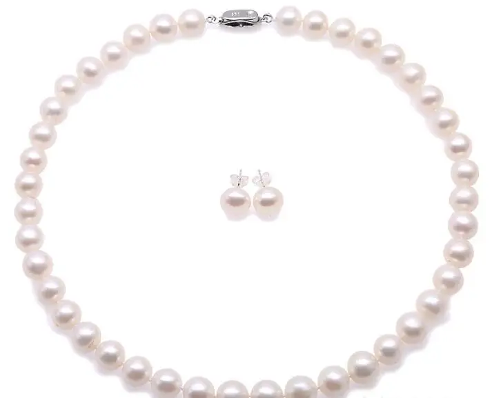 

8mm 10mm Women Jewelry set white round real pearl necklace stud earrings 925 silver clasp AAA Cultured freshwater pearl