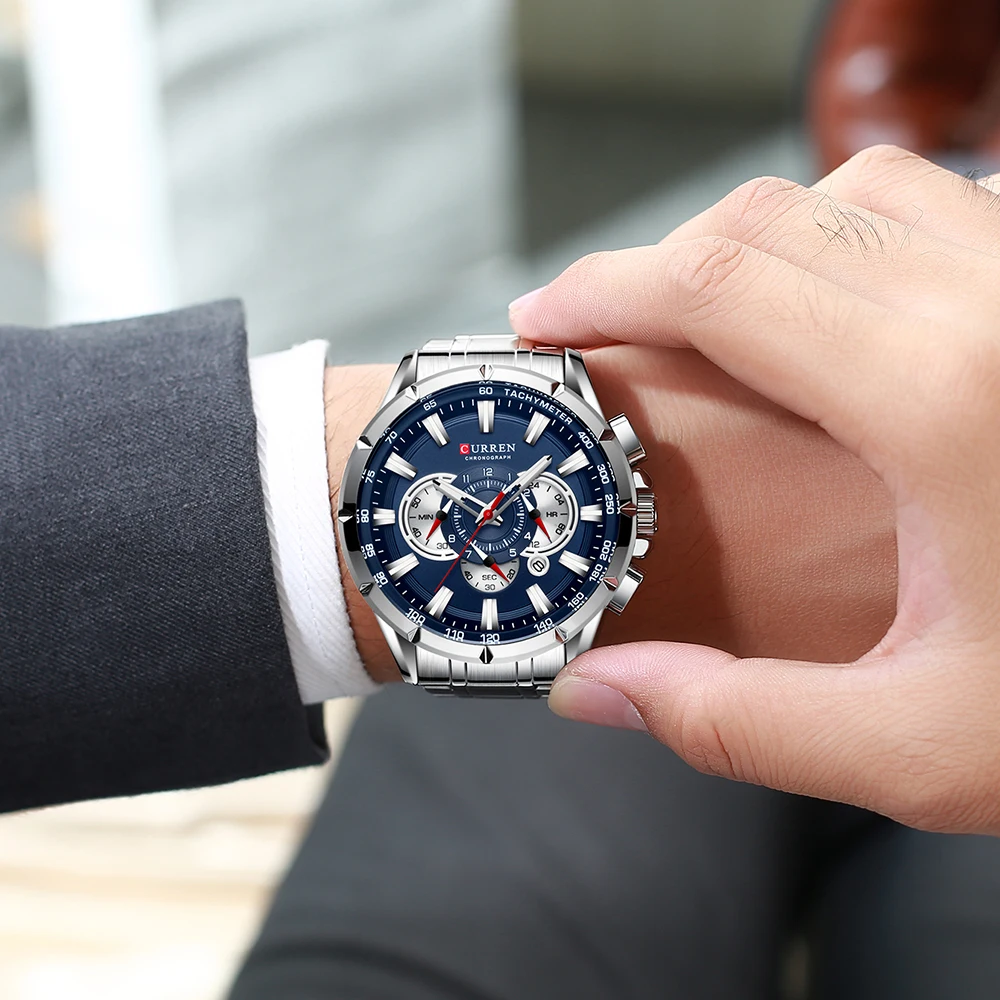 Curren-casual Masculino Esporte Relógios Cronógrafo Banda Relógio de Pulso Grande Dial Relógio Quartz com Ponteiros Luminosos Novo Aço Inoxidável - Image 3