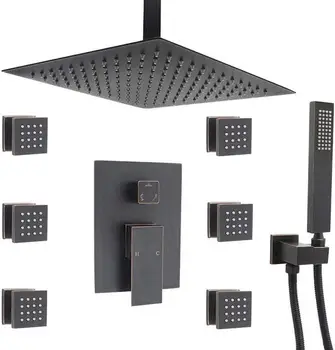 

Upscale modern Shower Faucet Set Complete Kit with 12 Inch Rain Shower Head System 6 Pcs Body Jets Mixer Set Oil Rubbed Bronze