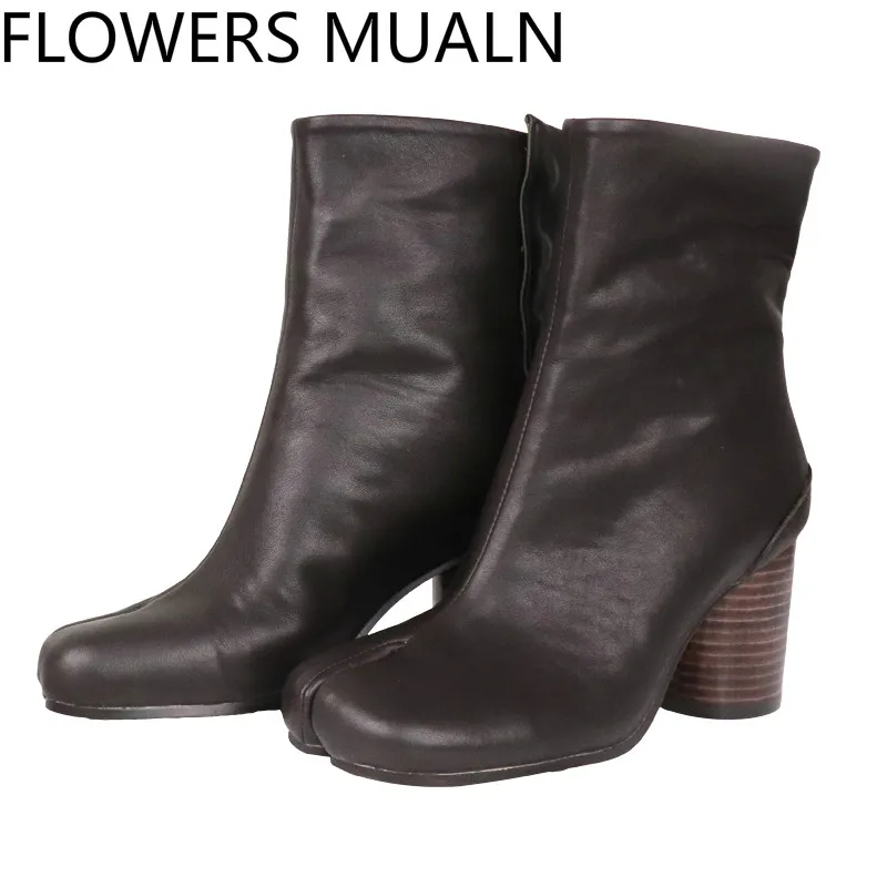 

F-M Sexy Split toe Ankle Boots Women Genuine Leather Military Botas Black Brown Short Motorcycle Boots for Women35-42