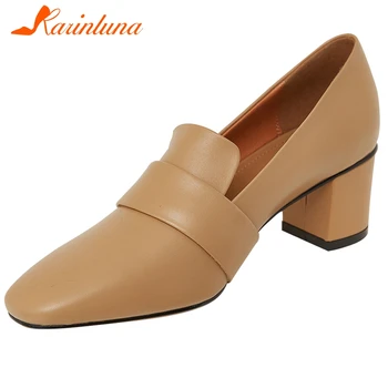 

KARINLUNA Brand Square Toe Pumps Elegant Solid Whole Genuine Leather Pumps Women Quality Office High Block Heels Shoes Woman