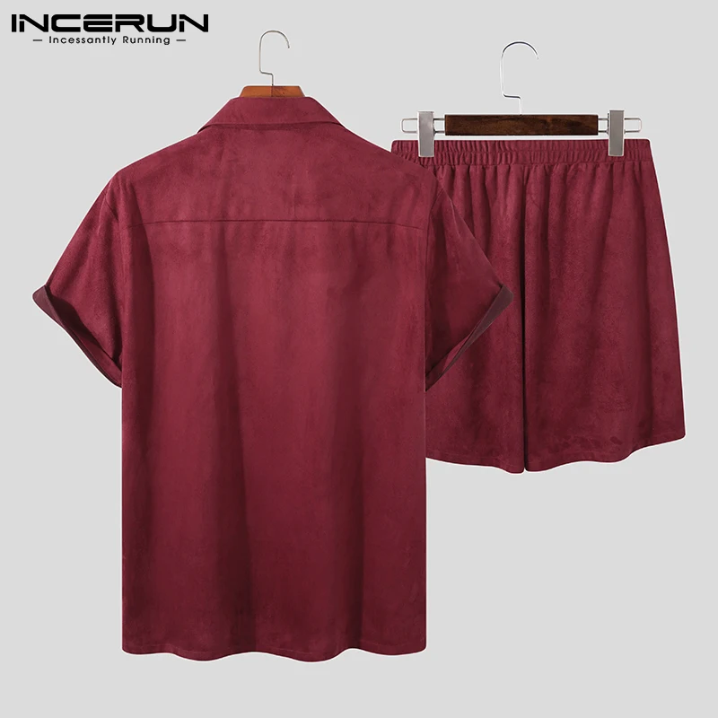 2021 Men Casual Sets Streetwear Solid Color Suede Fabric Lapel Short Sleeve Shirt Elastic Waist Shorts Men Suits S-5XL INCERUN - Image 2