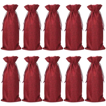 

Hot Sale 10Pcs Jute Wine Bags, 13.7 x 5.9 Inches Hessian Wine Bottle Gift Bags with Drawstring (Wine Red)