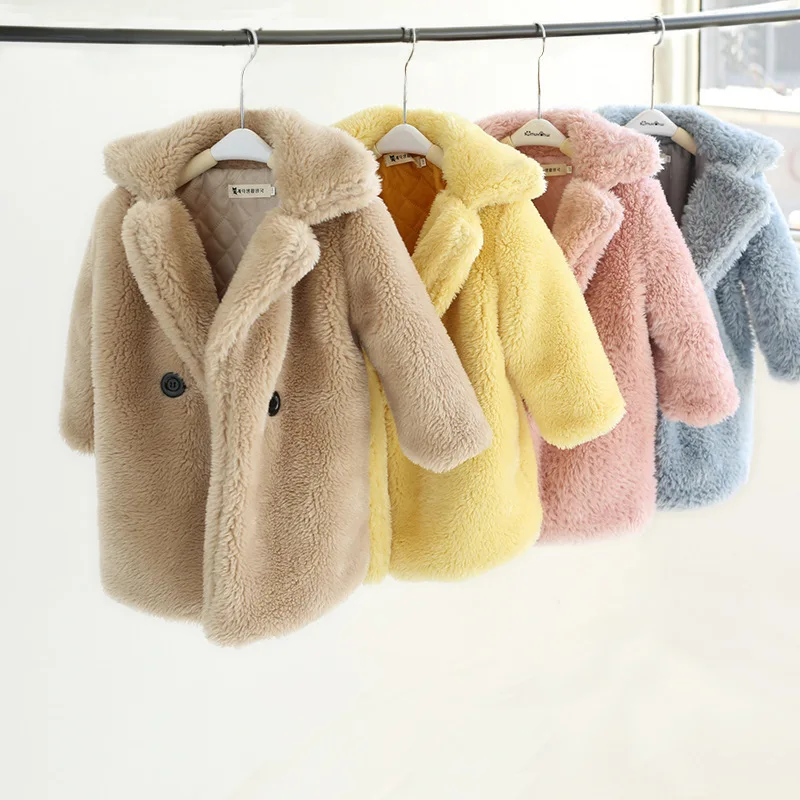 

2-12 Years Children Faux Fur Coat Baby Turndown Collar Thicken Warm Jacket Girls Long Overcoat Winter Kids Girls Casual Outwear