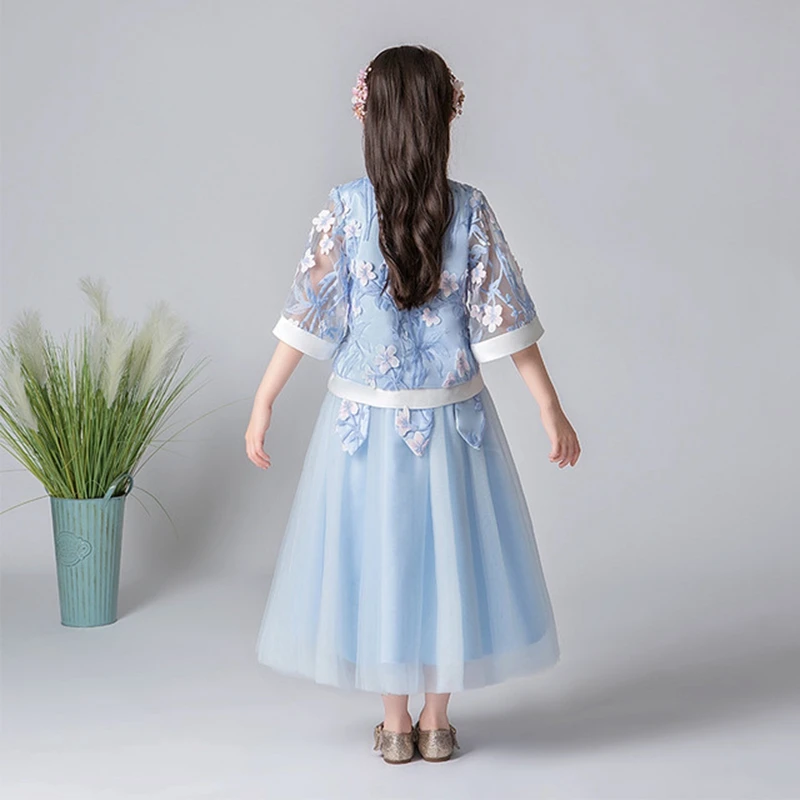 Hanfu/кружевное платье с вышивкой для девочек, 2 предмета осень г. костюм в китайском стиле ретро Улучшенная юбка Hanfu супер сказочное платье для малышей