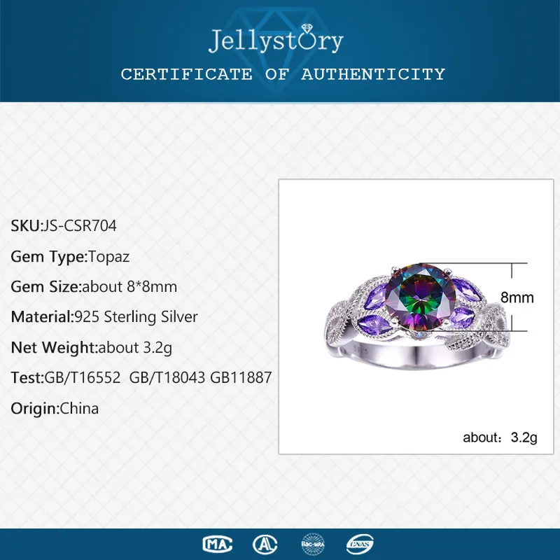 Jellystory Fashion Silver Ring 925 Jewelry with 8*8mm Round shaped Topaz Zircon Gemstones for Women ring Wedding Gifts silver ring