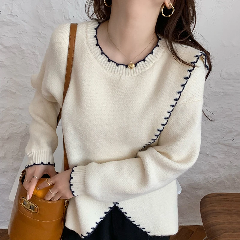 

Korean Chic Autumn Winter Women's Elegant Round Neck Pullover Loose Side Slit Long Sleeve Knitted Sweater
