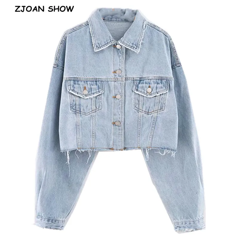 Autumn Drop Shoulder Loose Short Denim Jacket Vintage Women Lapel Pockets Single Breasted Draped Jean Coat Cool Outerwear ultra thin dark blue jeans high waist draped wide legs denim pants women summer loose straight ice silk casual pants streetwear