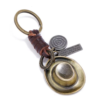 

Cowboy Cowgirl Hat Vintage Keychain Fashion Metal Charm Retro Handmade Leather Holder Bag Keyring Car Key Chain Accessories Gift