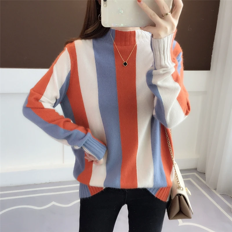 

2019 Spring Autumn Fashion Colorful Vertical Stripes Pullover Sweaters Matching Turleneck Pullovers and Sweaters Sueter Mujer