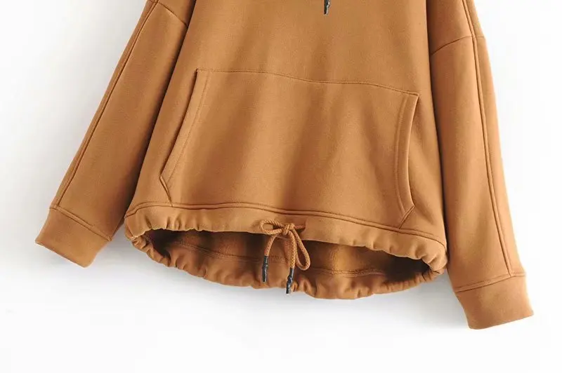 ZA Осенняя однотонная толстовка с карманом и капюшоном на шнуровке, пуловеры с регулируемым длинным рукавом и круглым вырезом, Повседневная Свободная теплая верхняя одежда для женщин