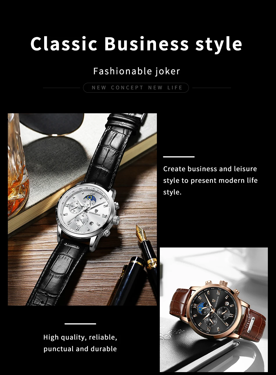2022 LIGE Gift For Men Watch Top Brand Luxury Clock Sport Men's Watches Leather Moon Phase Quartz Wristwatch Relogio Masculino