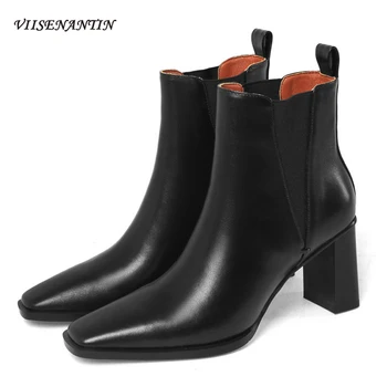 

Retro Brown High-heeled Chelsea Boots Women Autumn Korean Version Square Toe Thick Heel Short Boots Temperament Leather Boots