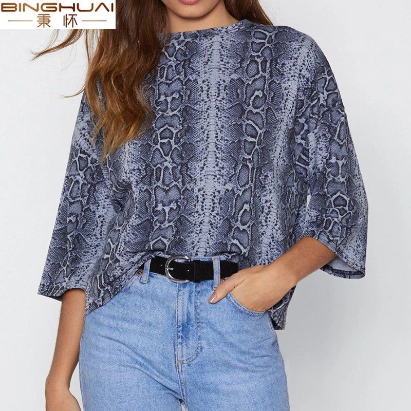 2019 женская модная повседневная футболка с принтом змеи круглым вырезом летучая