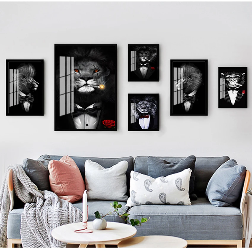 Animale Nero Bianco Leone In Vestito Su Tela Poster E Stampe Animali Astratti Dipinti Su Tela Immagini Di Arte Della Parete Divertenti