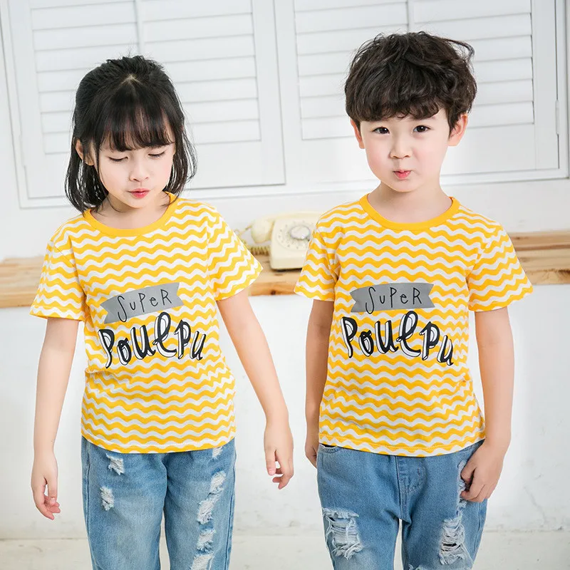 

New Fashion Boys & Girls T-shirts Cartoon Letter Cotton Short-sleeved Wave Stripe T-shirts Children's Children's Clothing