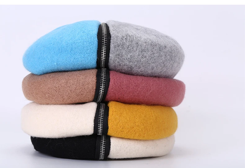 

women autumn winter wool beret zipper decoration beret two color joint beret