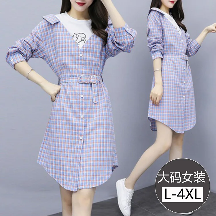 

Large Size Dress Crew Neck Joint Shirt Dress Pattern Mock Two-Piece Waist Hugging Belt Mid-length Dress Fat Mm Early Autumn