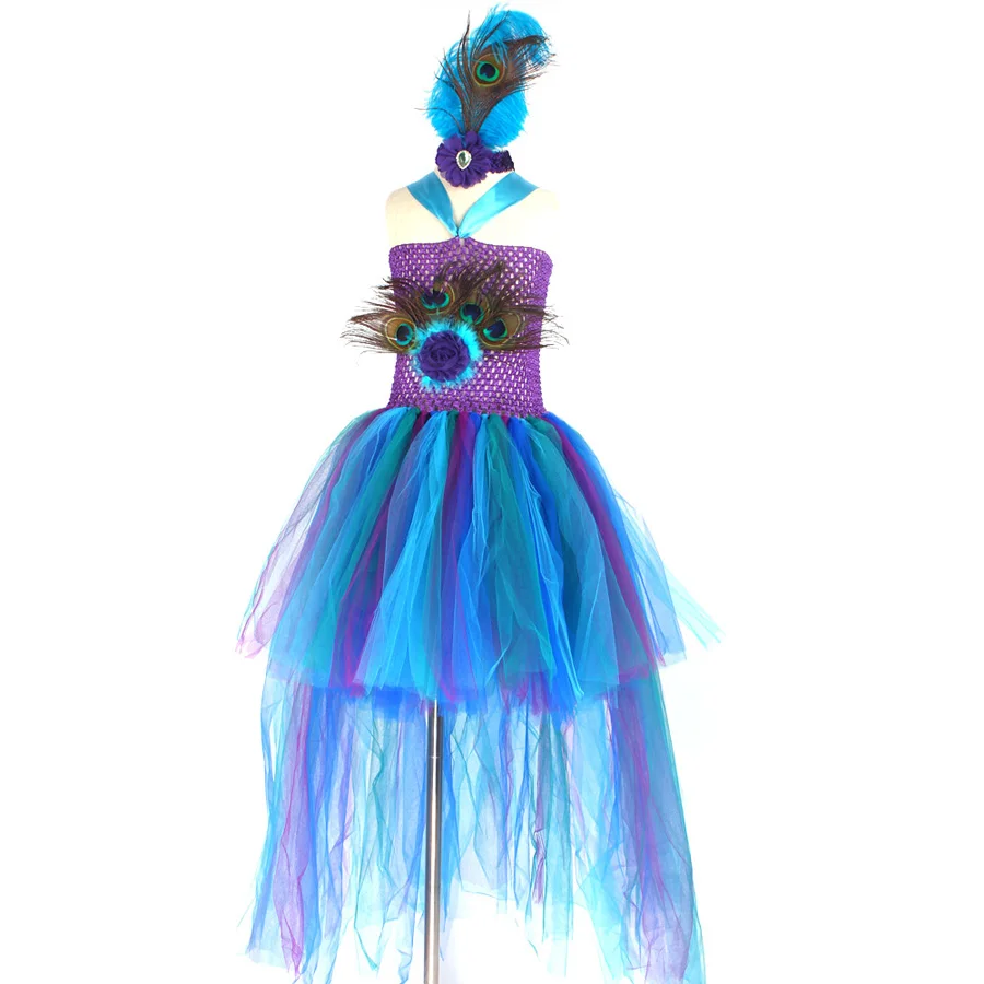 Peacock Tutu Costume Dress Child Girls Pageant Prom Ball Gown Princess Peacock Feather Halloween Birthday Party Train Dress (4)