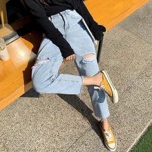 Плюс размеры для женщин в винтажном стиле; Узкие женские рваные джинсы с высокой талией джинсы Mujer весна-осень Широкие джинсовые брюки женские A5740